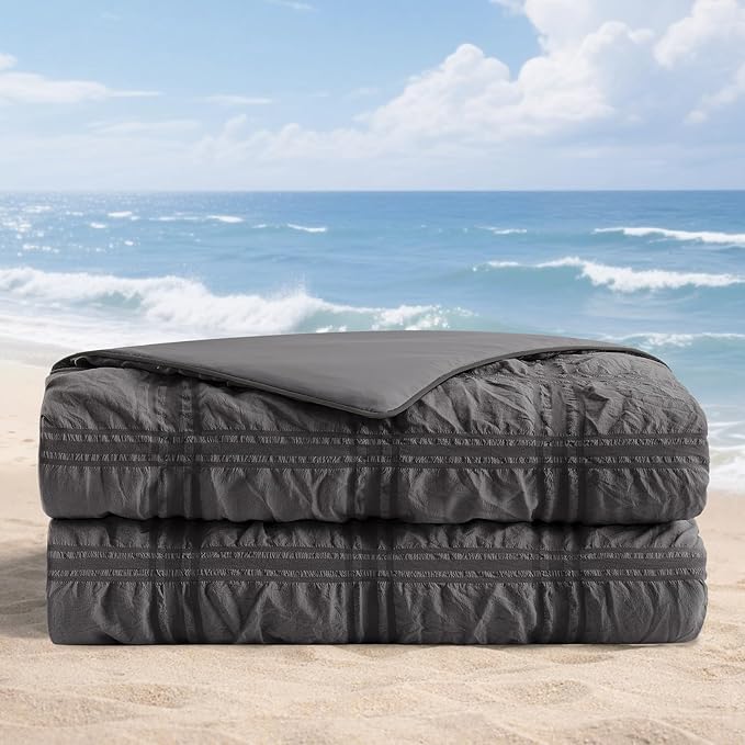 Cozy Bliss Cooling Comforter Seersucker Plaid Queen Size, Q-Max 0.45 Lightweight Cooling Blanket, Breathable Silk Smooth Summer Bedding Quilt for Hot Sleepers Night Sweats Dark Gray