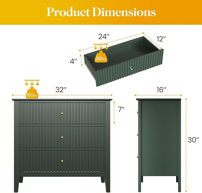 May in Color Large Green 3 Drawer Dresser, Painted 30 Inch Tall Wood Nightstand with Storage, Wide Modern Chest of Drawers with Ball Bearing Slide for Bedroom Hallway Living Room Entryway Office - Image 2