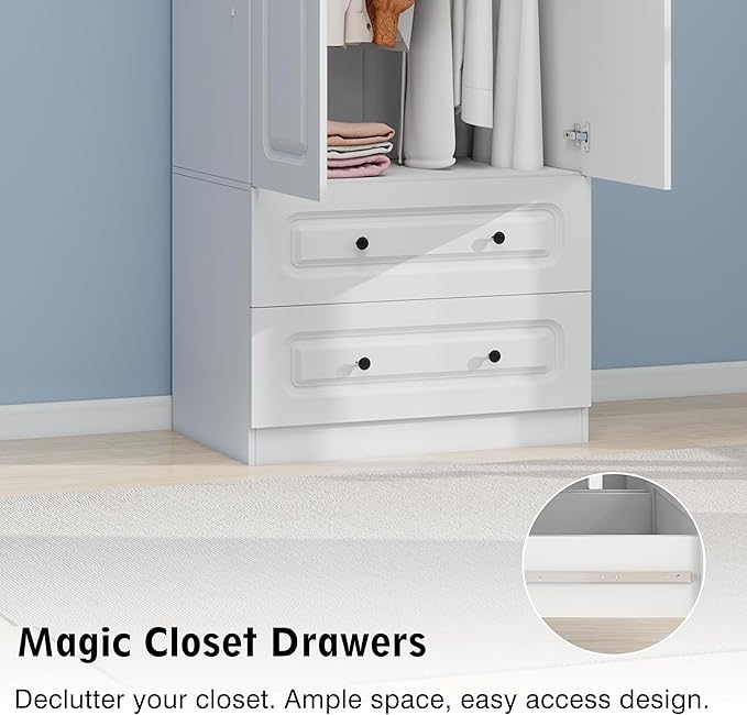 Wooden Armoire Wardrobe Closet：Modern Armoire Wardrobe Closet with 2 Doors, 2 Drawers and Hanging Rods for Tall Cabinet, Large Capacity Clothes Storage Cabinet for Bedroom Home, White
