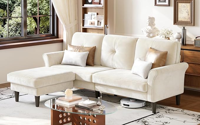 Sofas for Living Room, 83" Velvet Sectional Couch with Moveable Ottoman, Midcentury Modern Small Sectional Couch, L Shape Sofa & 2 Seater, Couches for Living Room, Apartment, Bedroom
