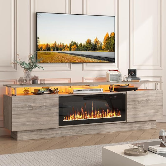 PUKAMI 70" Fireplace TV Stand with 36" Electric Fireplace, LED Light Entertainment Center with Storage, 2 Tier Modern Wood Media TV Console with Highlight Cabinet for Living Room, Grey by PUKAMI