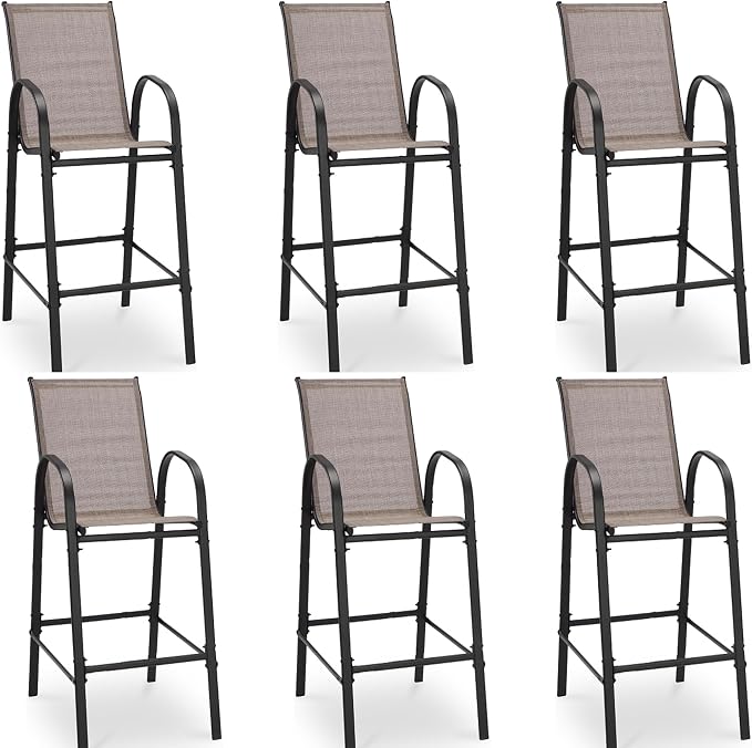 HOMREST Outdoor Bar Height Stools Set of 6,High Back Patio Chairs with Armrests,Textilene Chairs with Breathable Fabric & Metal Frame for All Weather,Taupe by HOMREST