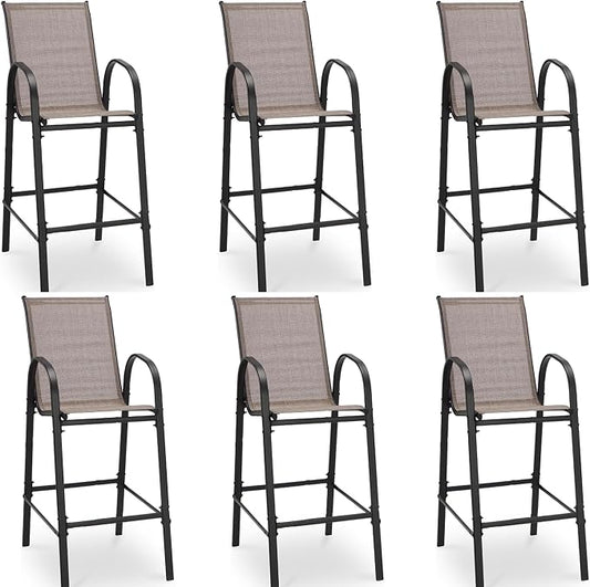 HOMREST Outdoor Bar Height Stools Set of 6,High Back Patio Chairs with Armrests,Textilene Chairs with Breathable Fabric & Metal Frame for All Weather,Taupe by HOMREST
