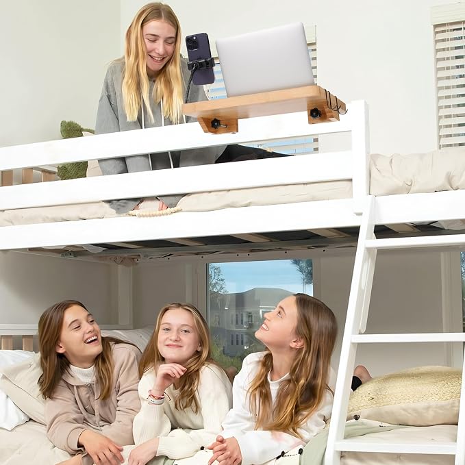 Bedside Shelf for Dorm Bed & Top Bunk, Bamboo Bed Side Table Tray with Cup Phone Holder & Hooks, Bedside Caddy, Clip on Nightstand Bedside Storage College Dorm Room Essentials (Bamboo) - Image 7