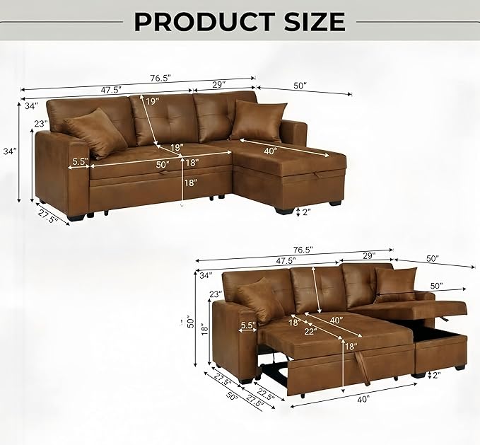 Sectional Sleeper Sofa with Pull Out Bed, L Shape Convertible Sofa Bed Couch with Storage Chaise, 3 in 1 Pull Out Sofa Bed with 3 Seats, for Living Room,Apartment, PU Brown, 76 Inch