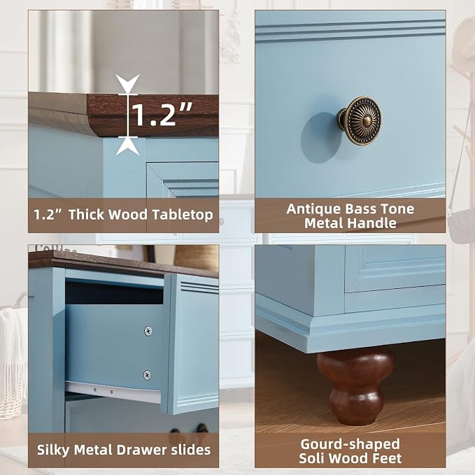 Joaxswe Farmhouse 5 Drawer Dresser Set of 2 for Bedroom, 35" Tall Rustic Chests of Drawers w/ 4 Solid Wood Feet, Mid Century Vintage Wooden Closet Storage Dressers Organizer for Living Room,Light Blue - Image 5