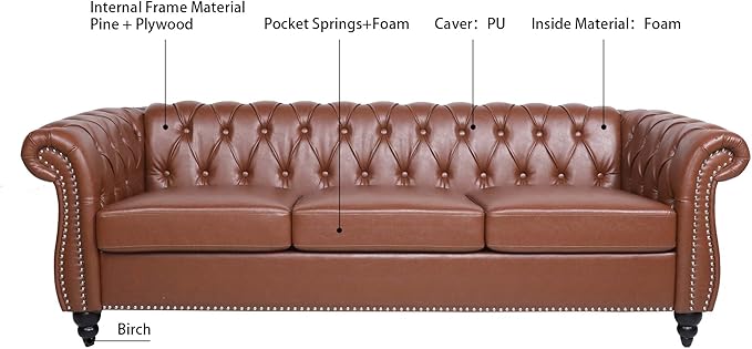 ERYE 84.5-Inch Classic 3 Seat Chesterfield Sofa Couches for Living Room Bedroom, 3 Seaters Button Tufted Faux Leather Upholstered Chesterfield Sofa Couch,Wood Legs | Button Tufted, Easy to Assemble, Nailhead, Removable Cushion