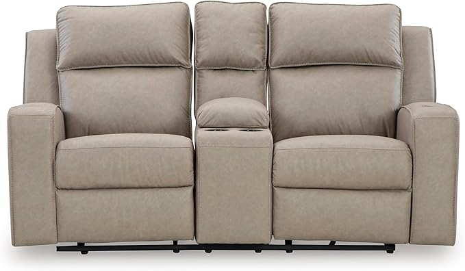 Signature Design by Ashley Lavenhorne Contemporary Faux Leather Manual Reclining Loveseat with Console and Cup Holders, Beige
