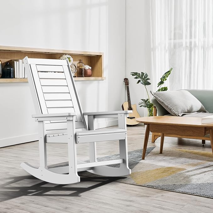 GREENVINES Outdoor Rocking Chairs | Set of 4 | Porch Rocker | HDPE Plastic | White | Oversized Rockers | High Back | Big & Tall | Ladder Back | for Patio Outside Backyard Balcony Garden - Image 5
