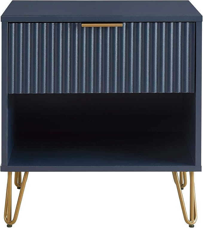 Manhattan Comfort Dumbo Fluted Nightstand with Drawer and Open Shelf, Gold Hairpin Legs and Metal Handle, Snap Tool-Free Assembly, Modern Bedside Accent Table for Bedroom, Living Room in Midnight Blue by ManhattanComfort