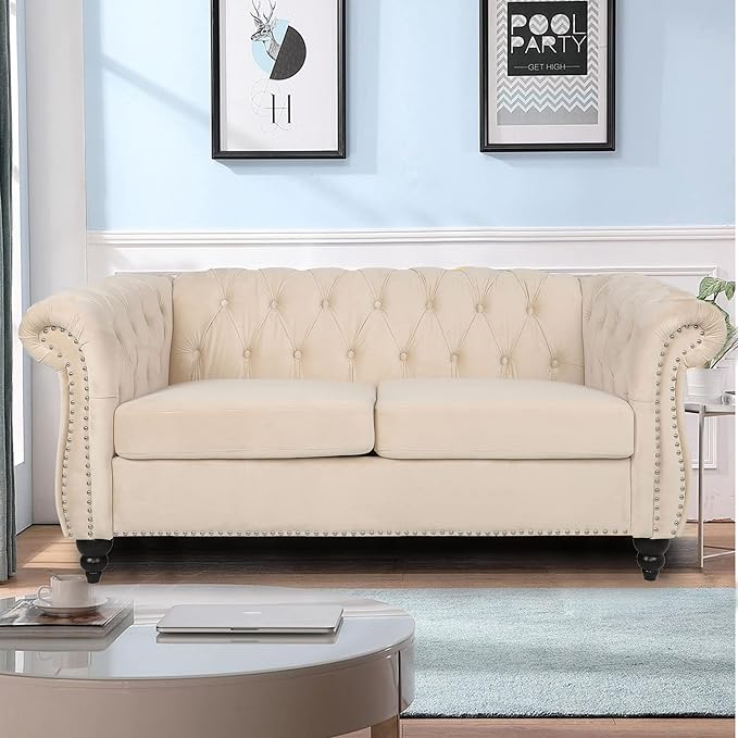 LEVNARY Velvet Sofa, Chesterfield Tufted Upholstered 2 Seater Couch, Modern Loveseat Couch Classic Furniture for Living Room Bedroom (Beige)