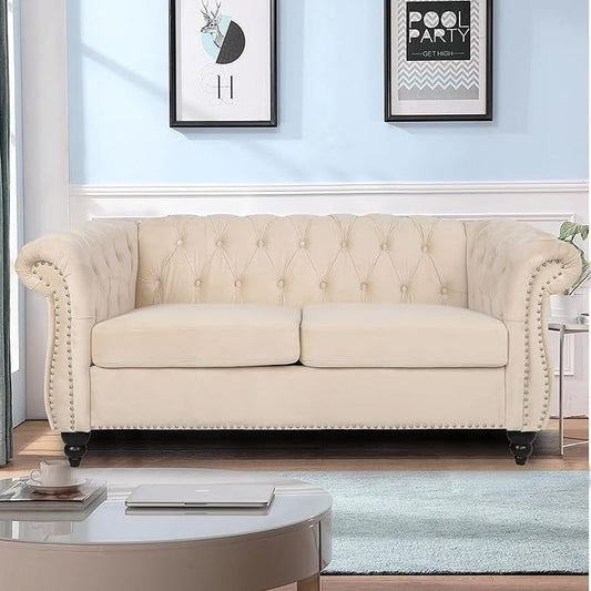 LEVNARY Velvet Sofa, Chesterfield Tufted Upholstered 2 Seater Couch, Modern Loveseat Couch Classic Furniture for Living Room Bedroom (Beige)
