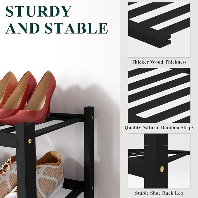Smiry Shoe Rack, 4 Tier Small Bamboo Shoe Organizer, Stackable Free Standing Wooden Shoe Storage Shelf for Closet, Entryway, Front Door Entrance, Black - Image 3