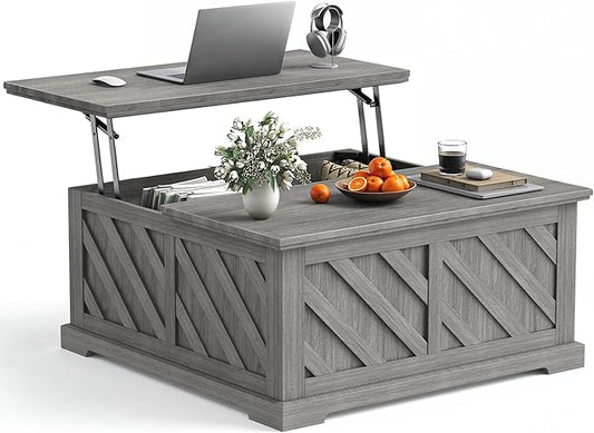 Amada Lift Top Coffee Table with Storage, Smooth Lifting Center Table with Hidden Compartment, Diagonal Pattern Wood Coffee Table for Living Room and Home Office, Gray