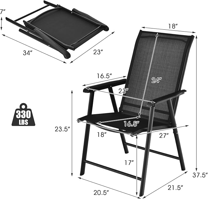 Giantex Set of 2 Patio Folding Chairs, Portable Outdoor Dining Chairs with Armrest for Porch Camping Pool Beach Deck Lawn Garden, Metal Frame, Black - Image 3
