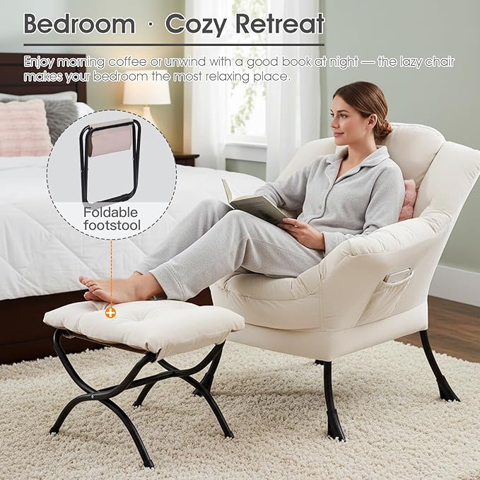 Lazy Chair with Ottoman, Large Accent Chair with Ottoman and a Throw Pillow, Beige Reading Chair for Living Room Bedroom Dorm Room Office Apartment Relaxing Use