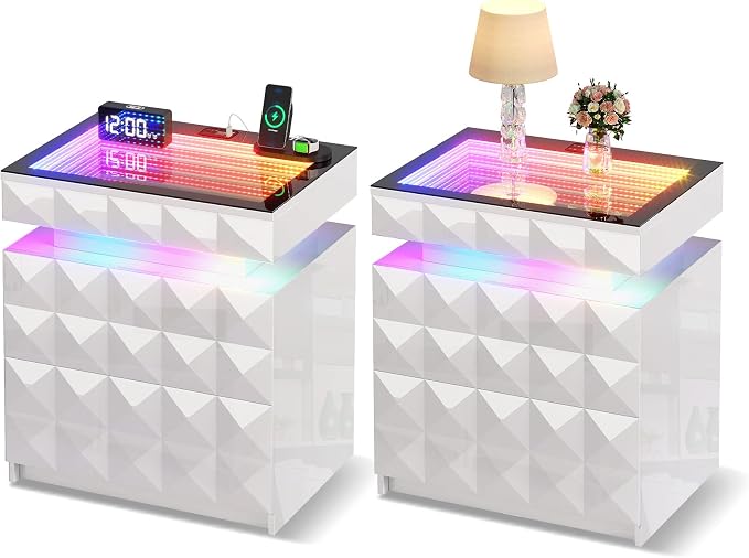 Dystler Night Stand with Charging Station and RGB Lights, LED Nightstand with Tempered Glass and Sliding Top, 3 Drawers Bedside Table with Hidden Storage, Lockable End Side Table for Bedroom, 2 White by CraftYourIdealHomeLife
