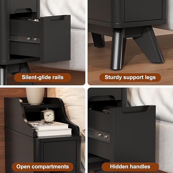 Narrow Side Table, Wooden Small 2 Drawer Nightstand with Charger Station, Thin Couch Side End Table, Skinny Bedside Table Small Spaces, Mid Century Modern Night Stand with Drawers, Black - Image 5