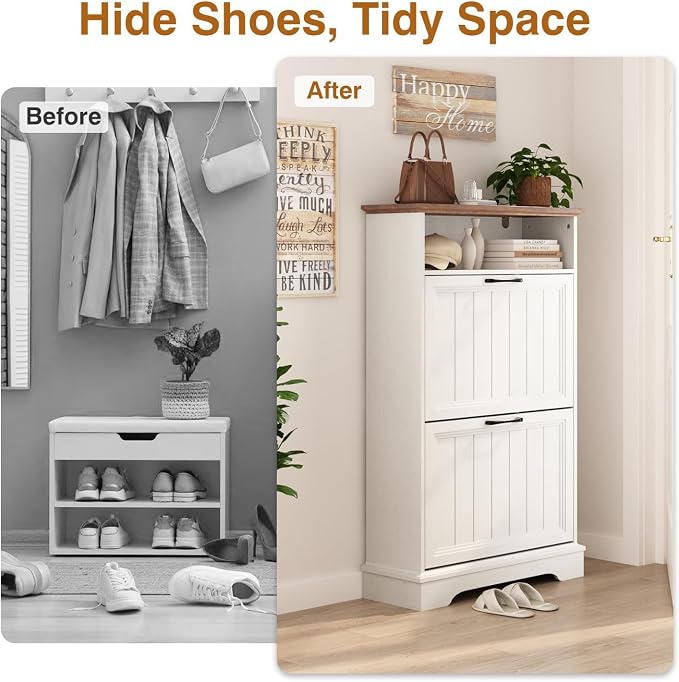 Shoe Storage Cabinet with 2 Flip Drawers, 24" W Farmhouse Modern Hidden Shoes Rack Cabinet with Adjustable Shelves & Open Storage, Narrow Slim Shoe Organizer for Entryway, Hallway, Antique White - Image 4