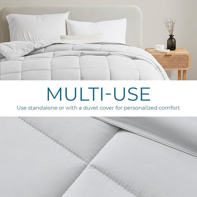 Nestle Comforter - Quilted Down Alternative, All Season, Light Grey, Queen Size with Corner Tabs