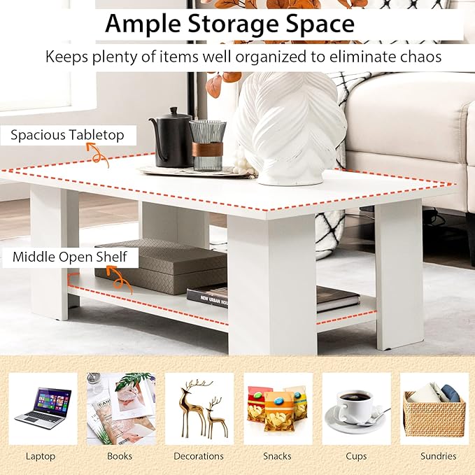 GOFLAME Coffee Table with Storage, Modern Sofa Side Center Table for Small Space, Accent TV Stand for Living Room, Reception Room & Dining Room, Easy Assembly, White