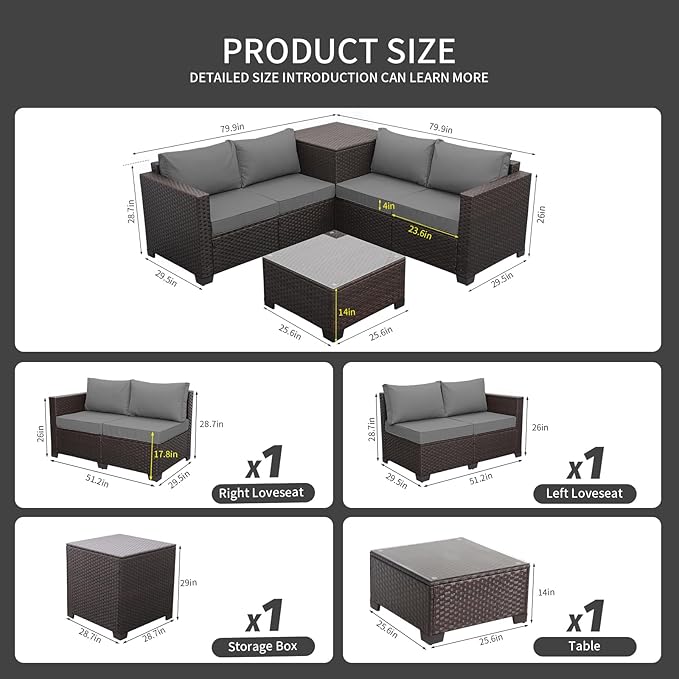 WAROOM Patio Furniture Set 4 Piece Conversation Sets Brown Rattan Outdoor Couch Loveseat Wicker Sectional Sofa with Storage Box Glass Top Table, Grey Cushion