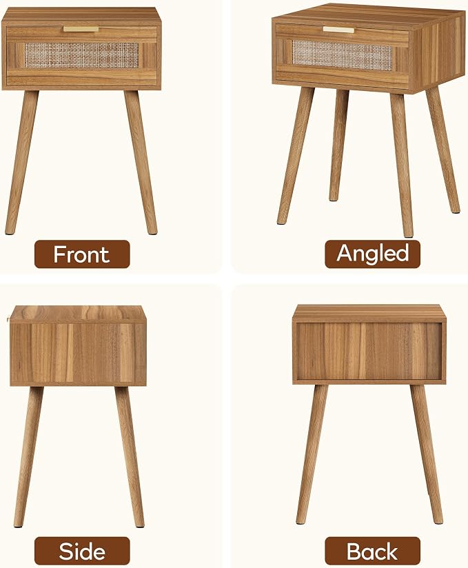 LAZZO Set of 2 Bedroom Nightstands Wooden Night Stands with Rattan Weaving Drawer Home Bedside End Table for Bedroom Storage - Image 9