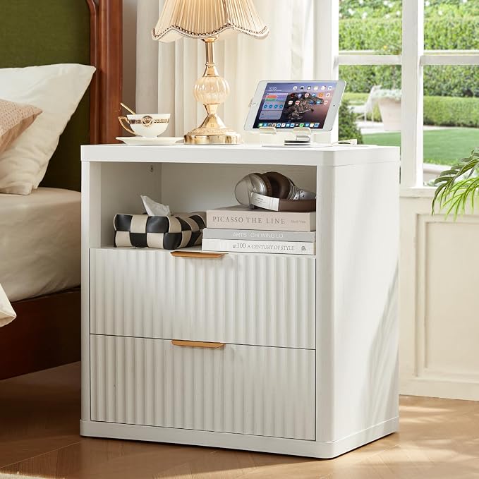 LEYAOYAO Fluted Nightstand Set of 2 with Charging Station, 23" Wide 2 Drawers End Table,Antique White Dresser for Bedroom,Bed Side Table Chest of Drawers Cabinet,Wood Night Stand for Living Room - Image 2