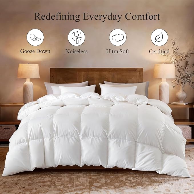 Globon Winter White Goose Down Comforter King Size,Down Duvet Insert, 800 Fill Power, 420 Thread Count,Ultra Soft Noiseless Shell with Corner Tabs, White