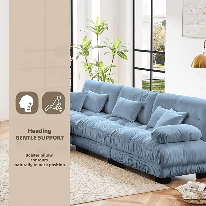 133.8" L-Shaped Cloud Couch, Oversized Modular Sectional Sofa, Deep Seat Cloud Boneless Couch, 3-Seat Modular Sectional Sofa with Ottoman or Living Room,Bedroom and Apartment, Blue