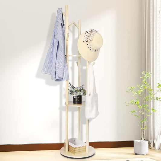 Wood Coat Rack with 3 Shelves and 9 Hooks, Freestanding Heavy Duty Rotary Coat Tree for Entryway, Bedroom, Living Room, Hallway – Holds Jackets, Coats, Hats, Bags (Natural) by Fengzhizhu