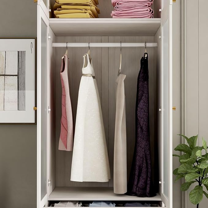 2 Door Wardrobe Armoire Closet with Hanging Rod & 2 Drawers, Bedroom Armoire with Frosted Glass Doors, Top Cabinet & Gold Knobs, Wood Grain, 19.9”D x 31.5”W x 86.6”H