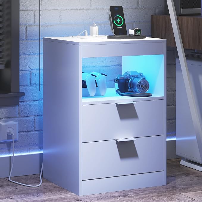 Tiptiper White Nightstand Set of 2, LED Nightstand with Wireless Charging Station, Night Stand with Drawers & Pull-Out Shelf, Modern Bedside Table with Storage, End Table Side Table - Image 5