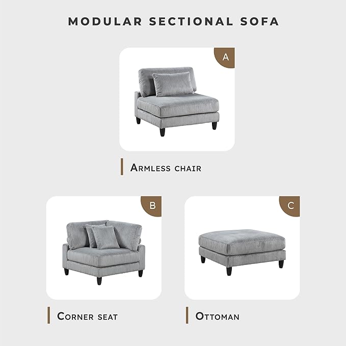 Lexicon 120 Inch Modular Sectional Sofa - Oversized 4 Seater Corduroy L Shaped Sectional Couch with Ottoman, 5 Accent Pillows, and Flexible Arrangement for Modern Living Rooms, Gray