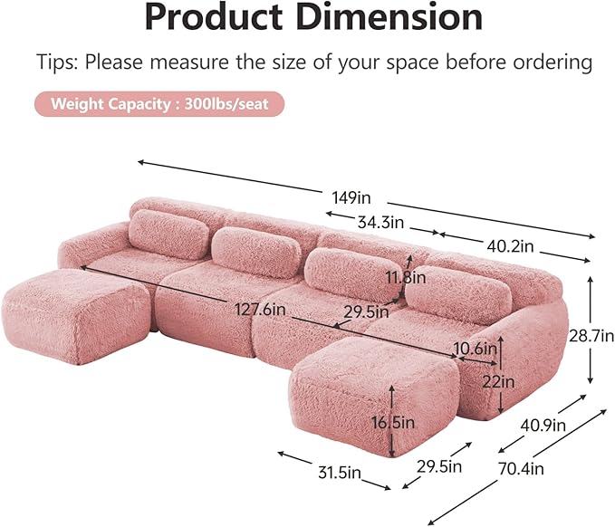 149" Modular Sectional Sofa, Modern Sectional Couch, U-Shape Boneless Couch for Living Room Apartments Bedroom, 32D High Density Sponge Lounge Sofa, No Assembly Required, Pink