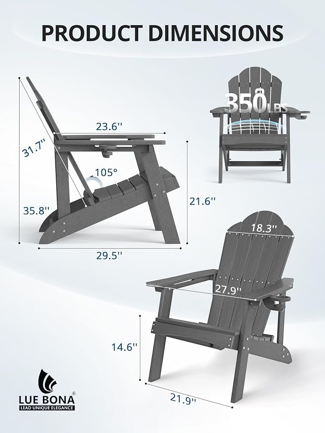 LUE BONA Matte HDPE Adirondack Chairs Set of 6 - Weather Resistant Outdoor Seating with Cup Holder, Ideal for Urban Patio, Deck, Fire Pit & Modern Backyard, Dark Gray - Image 2