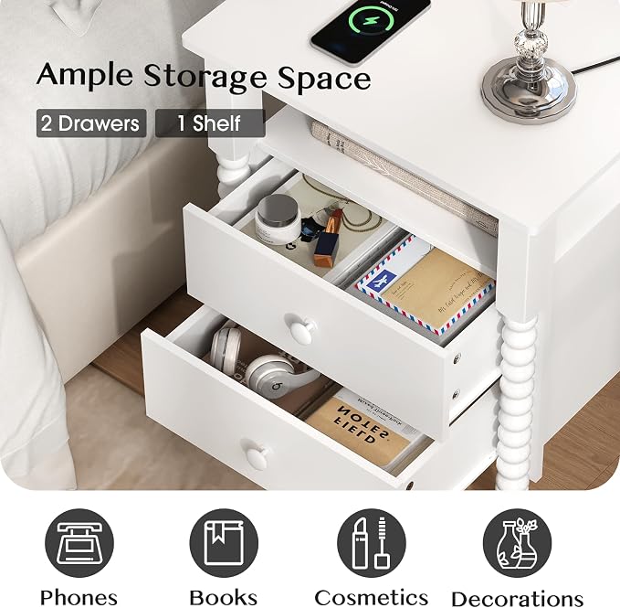 JOINICE White Night Stand Set 2, Vintage Nightstand with Charging Station, Bedside Table with 2 Drawers, End Table with Solid Wood Legs, Bed Side Tables for Bedroom, White - Image 4