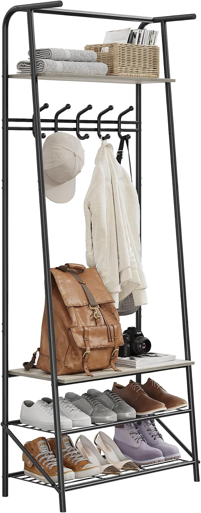 Hall Tree with Shoe Storage Bench & 5 Hooks – Entryway Coat Rack Organizer, Metal Frame, Wood Look – Multi-Functional for Entryway, Living Room, Bedroom – Single Row Hook, 60cm Wide, Gray - Image 6