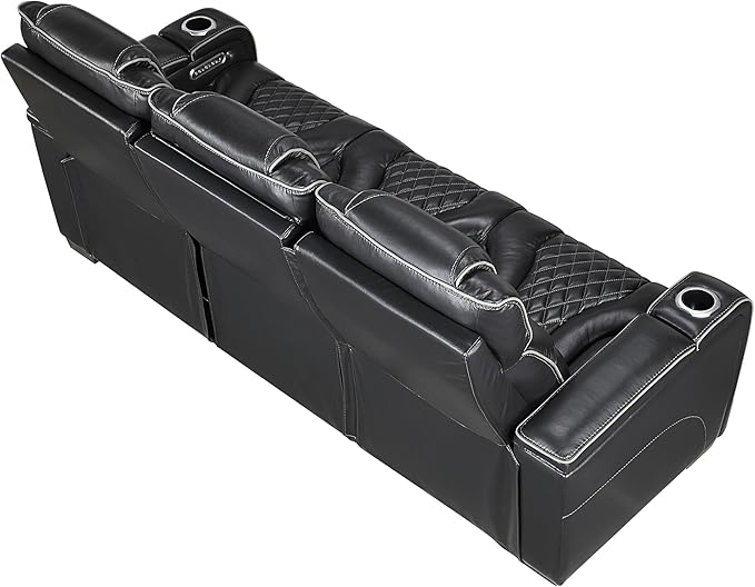 Lexicon Power Double Reclining Sofa, Center Drop-Down Table with Heat/Massage/Headrest/Storage Arms/Cup Holders/LED Lights/Wireless Charging, Top Grain Leather Match Wall Hugger Recliner Sofa, Black