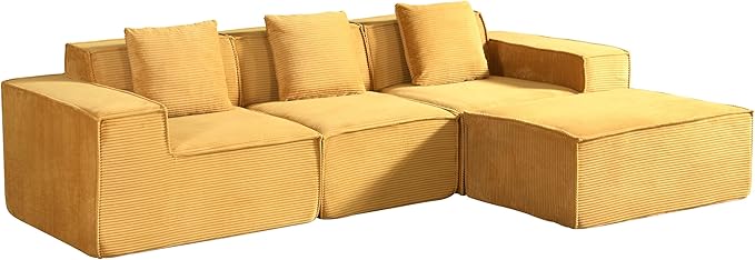 Compressed Sofa L Sectional, 112" Modular Cloud Couch with Ottoman, 23.2" Deep Seat Corduroy High-Back L-Shaped Sectional for Living Room/Bedroom, No Assembly, Ginger Yellow