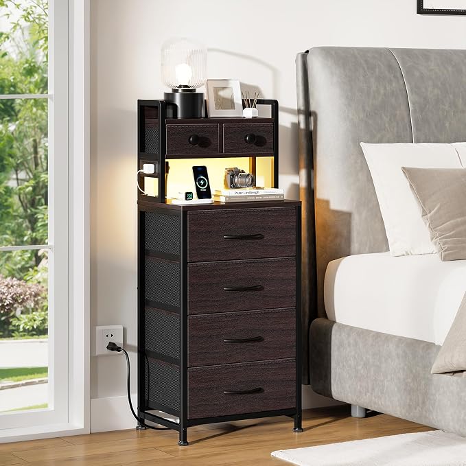 REAHOME 41 Inch Tall Nightstand with Charging Station, LED Night Stand with 6 Fabric Drawers, Bed Side Table with 3-Tier Wood Storage Shelves for Bedroom, Office, Small Spaces, Leather Brown - Image 4