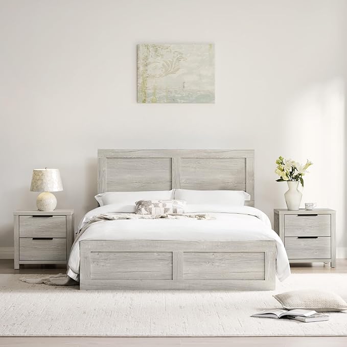 KISLOT 3 Pieces Bedroom Set, Wood Bed Frame with Upholstered Headboard & 2 Nightstands with Storage, Wooden Platform Mattress Foundation Farmhouse Bedroom Furniture Set