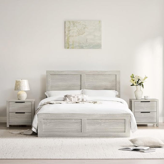 KISLOT 3 Pieces Bedroom Set, Wood Bed Frame with Upholstered Headboard & 2 Nightstands with Storage, Wooden Platform Mattress Foundation Farmhouse Bedroom Furniture Set