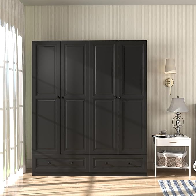 Armoire Wardrobe Closet with Drawers: 74" Black Wardrobe Close with 4 Doors and 2 Drawers, Tall Armoire with Hanging Rod, Large Wooden Clothes Cabinet for Bedroom (Black, 63")