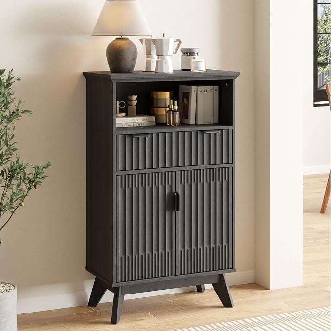 Fatmok Buffet Cabinet with Storage, 40" Modern Fluted Coffee Bar Cabinet with Drawer & Open Shelf, Wood Buffet Sideboard Console Table for Entryway, Kitchen, Living Room (Black) by Fatmok