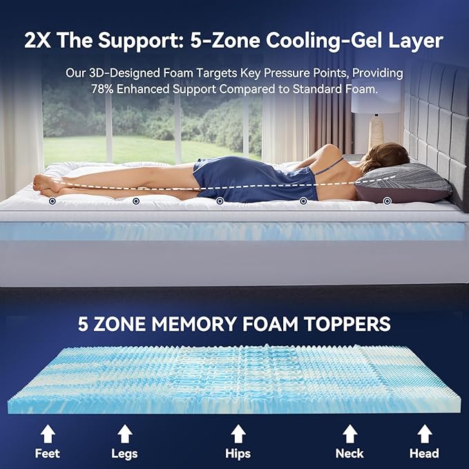 Queen Size 4 Inch Dual Layer Mattress Topper, 2 Inch Fluffy Soft Pillow Top Mattress Pad Cover and 2 Inch Gel Memory Foam for Back Pain Relief, Breathable, Cooling