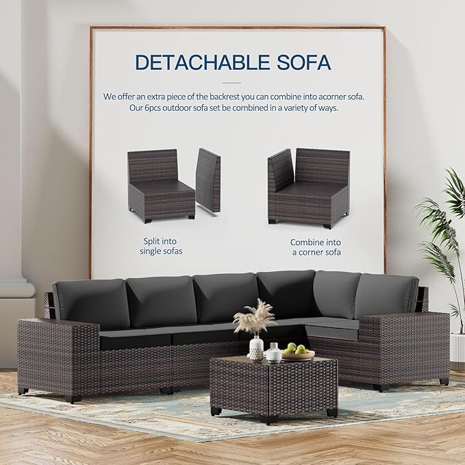 Kullavik Outdoor Patio Furniture Set,12 Pieces Sectional Rattan Sofa Set Brown PE Rattan Wicker Patio Conversation Set with 10 Seat Cushions and 2 Tempered Glass Coffee Table,Black