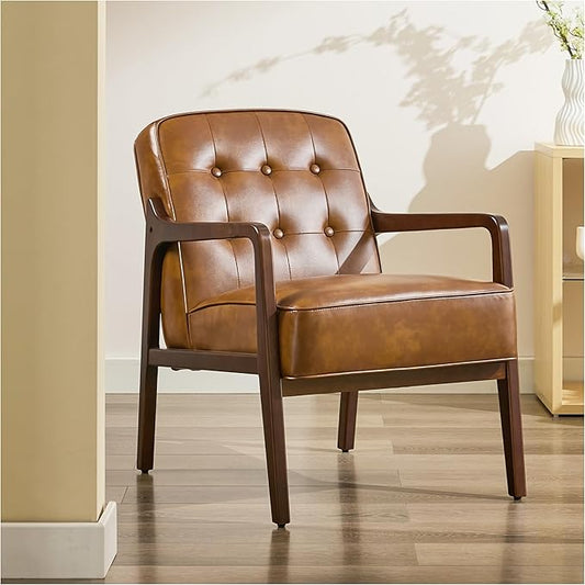 SOFTHION Faux Leather Accent Chair, Mid Century Modern Chair for Living Room, Upholstered Comfy Lounge Armchair with Solid Wood Frame, Reading Side Chair for Bedroom,105°Ergonomic Comfort, Brown
