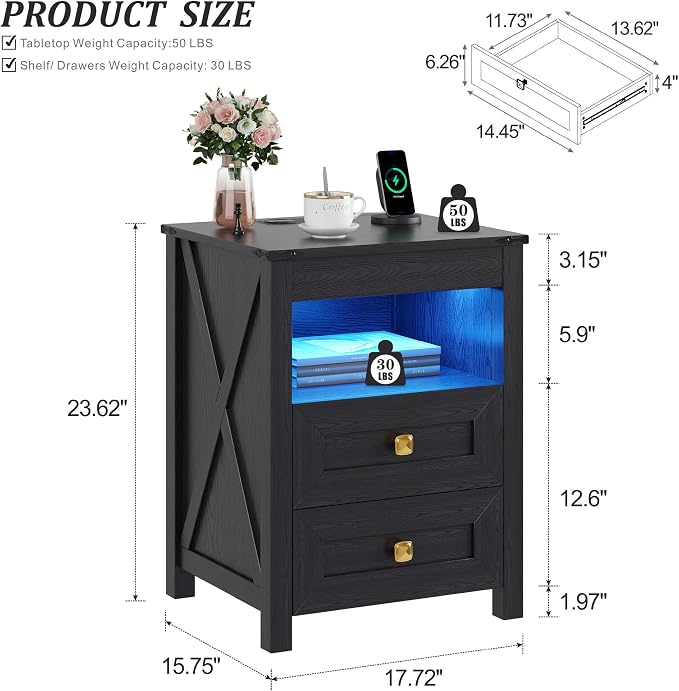 TAGELIER Night Stand Set 2 with Gun Drawer, Farmhouse Bedside Table with Charging Station, Gun Nightstand with LED Light & Human Sensor, Smart End Table for Bedroom, Black - Image 2