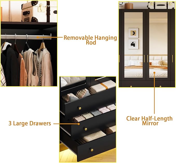 4 Doors Mirrored Wardrobe Armoire Closet with Drawers, LED Armoire Storage Cabinet with Adjustable Shelves & Hanging Rod, 74.8" H Freestanding Clothing Storage Cabinet for Bedroom, Black